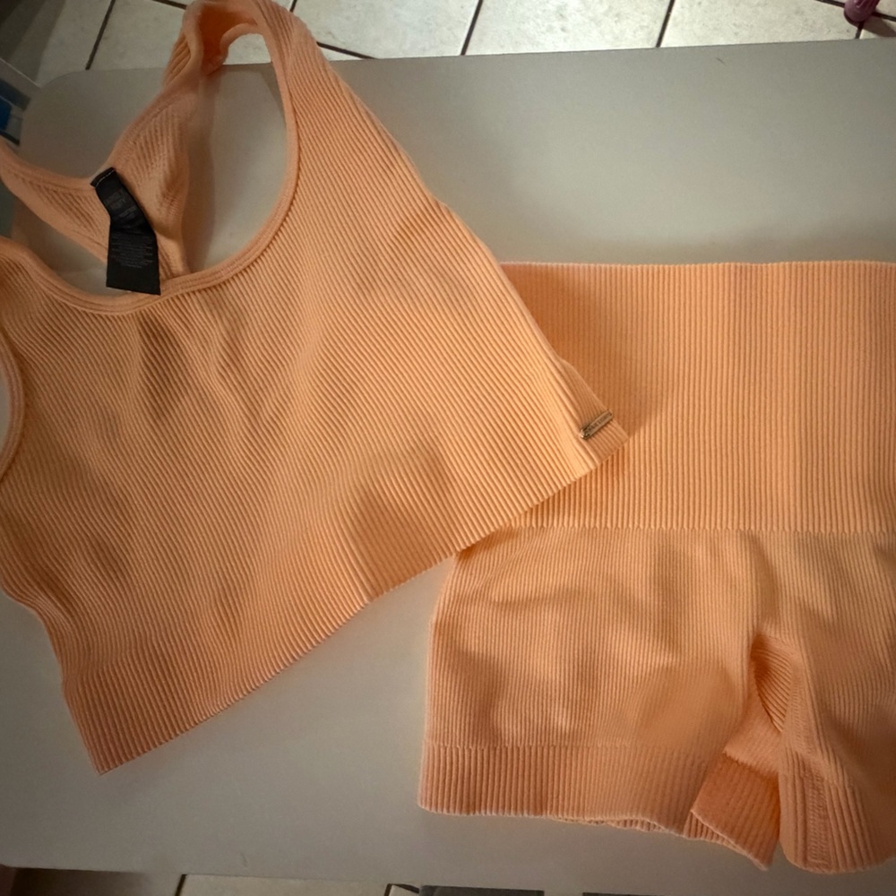 Savage X Fenty Apricot Ribbed Top and matching short set